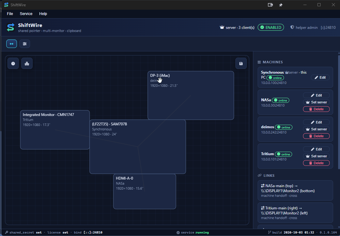 ShiftWire Layout view arranging displays from two machines on a shared canvas